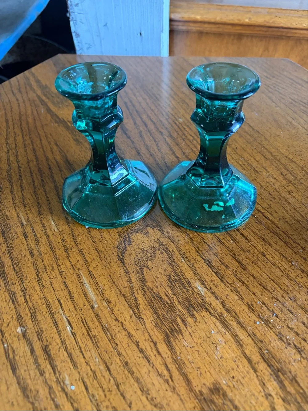 Pair of Indiana Green Glass Candle Holders